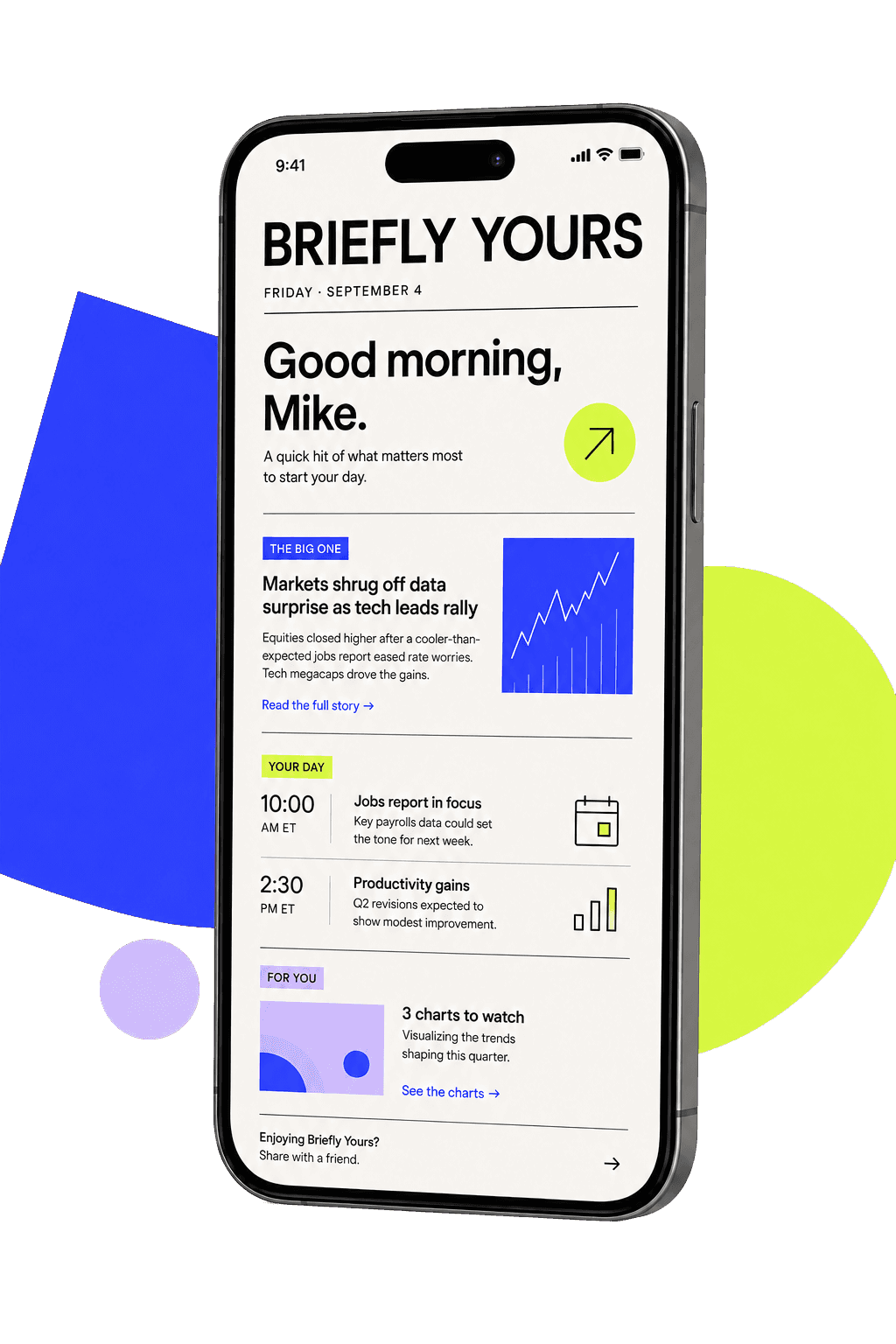 A phone displaying a personalized Briefly Yours morning newsletter